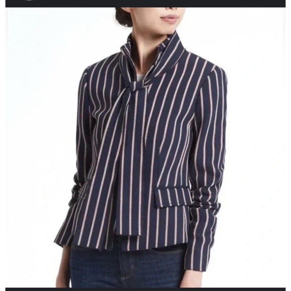 Banana Republic Bow Neck Navy Red Striped Blazer Jacket Size 4 Preppy Workwear